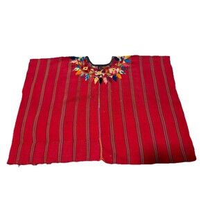 Vintage Guatemalan Huipil Poncho Red Embroidered floral Handmade Top OS unisex